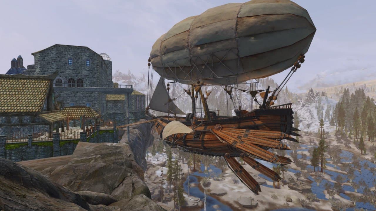 The Dev Aveza airship over Skyrim